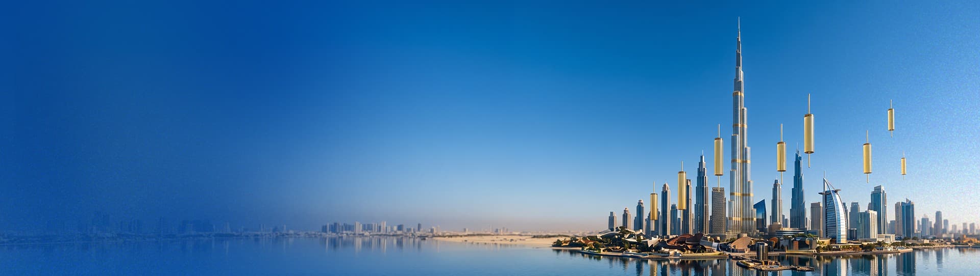 Dubai skyline at dusk with the Burj Khalifa and Burj Al Arab
