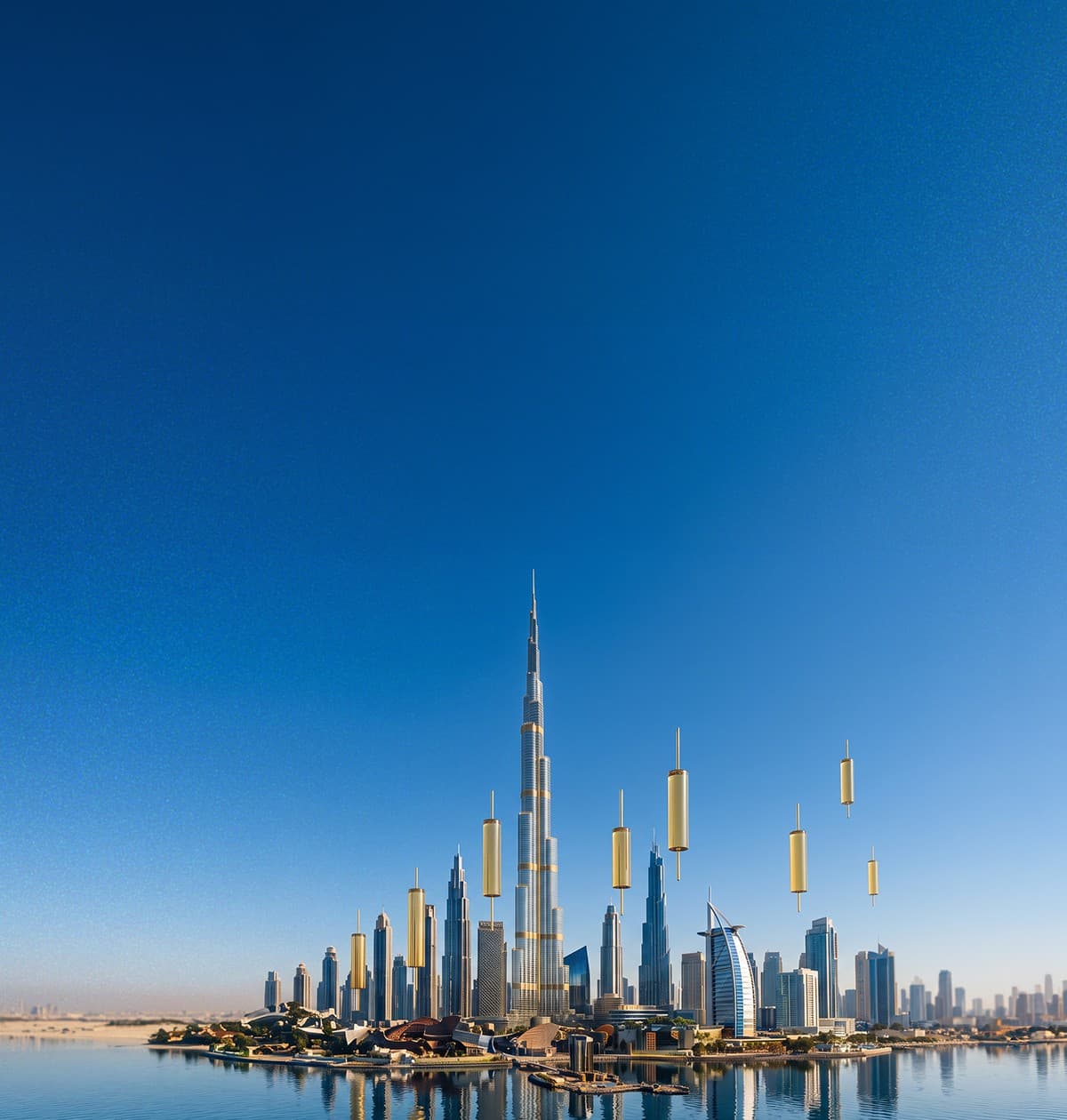 Dubai skyline at dusk with the Burj Khalifa and Burj Al Arab