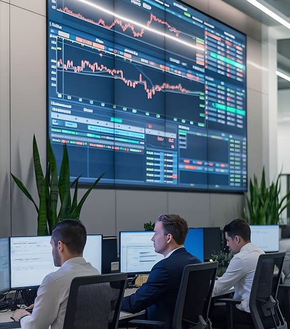 Trading floor wall of live market screens