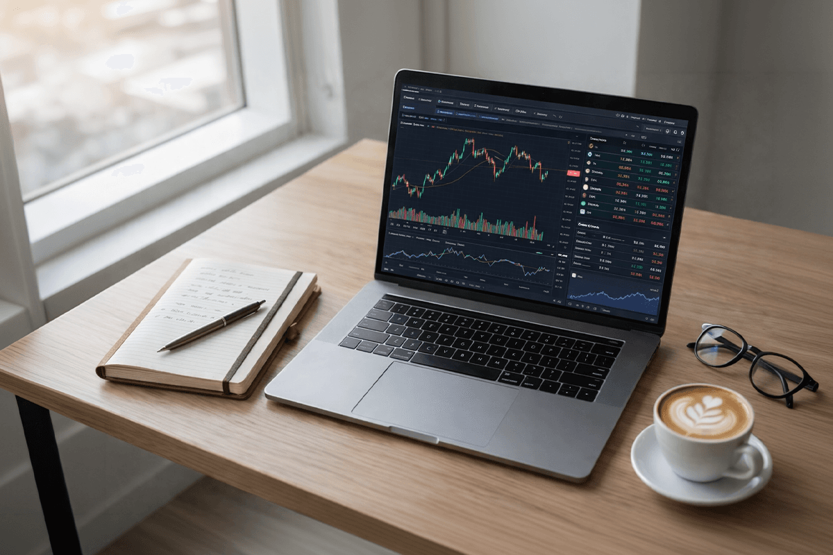 Trader reviewing charts on a laptop while writing notes