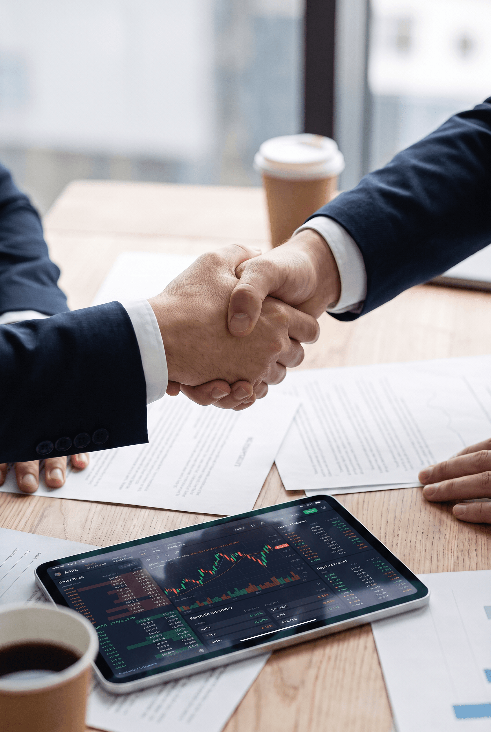 Business partners shaking hands over a trading tablet and documents