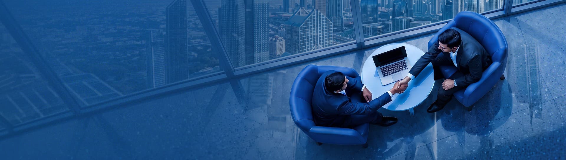 Two businessmen shaking hands in a high-rise office overlooking the Dubai skyline