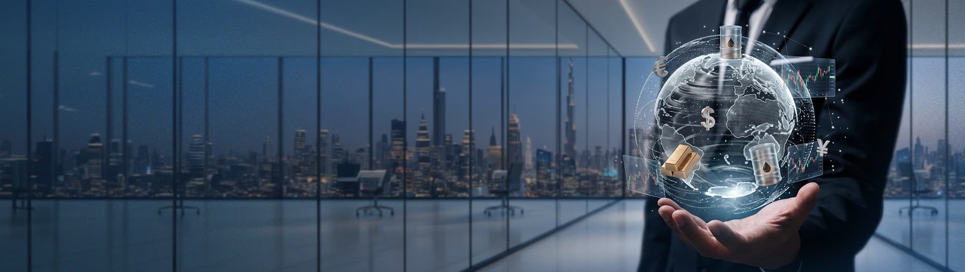 Businessman holding a holographic globe with global market symbols, Dubai skyline in the background