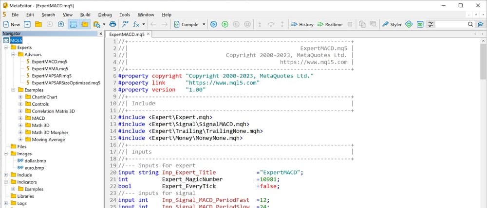 MetaEditor code view of an MQL5 Expert Advisor